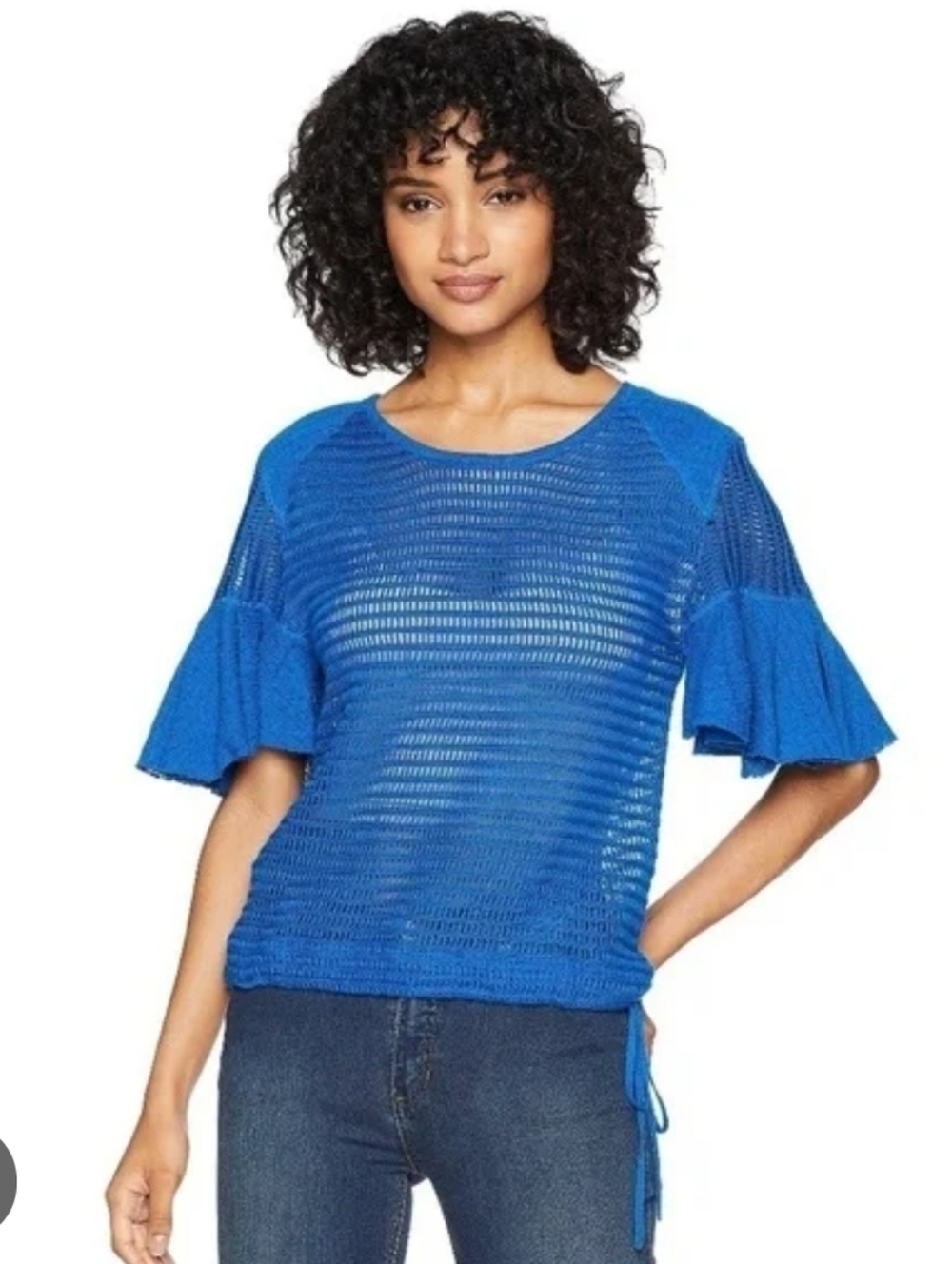 Free People Open-Knit Ruffle Sleeve Sweater Top